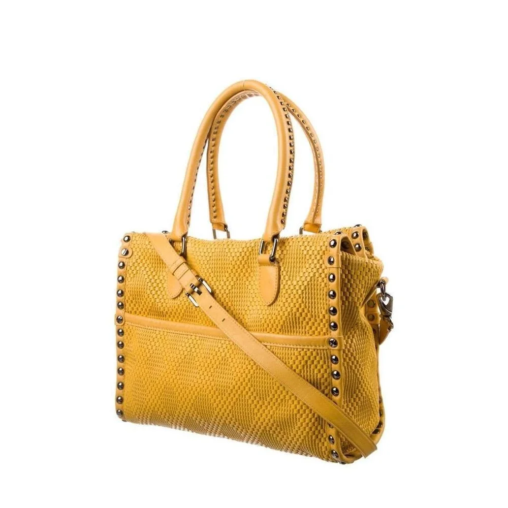 Diane von Furstenberg Yellow Woven‎ Leather Studded Shoulder Bag